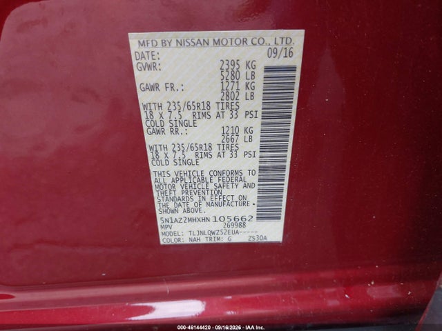 46144420 :رقم المزاد ، 5N1AZ2MHXHN105662 vin ، 2017 Nissan Murano Platinum/s/sl/sv مزاد بيع