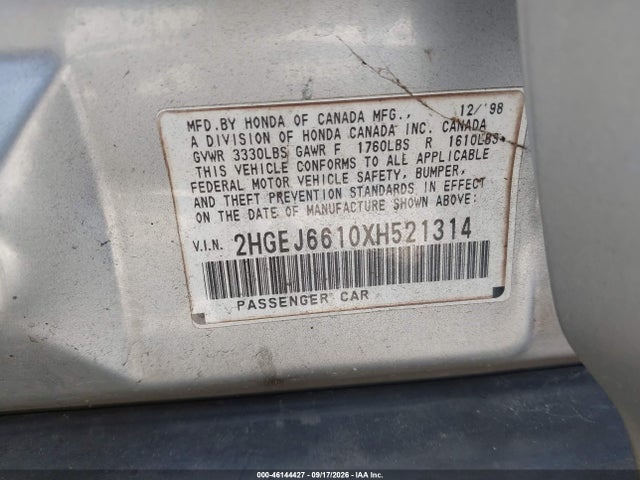 1999 Honda Civic Value Package მანქანა იყიდება აუქციონზე, vin: 2HGEJ6610XH521314, აუქციონის ნომერი: 46144427