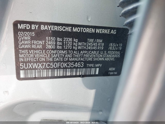 46144428 :رقم المزاد ، 5UXWX7C50F0K35463 vin ، 2015 Bmw X3 Xdrive35i مزاد بيع