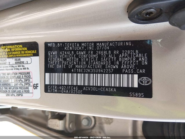 2005 Toyota Camry Se მანქანა იყიდება აუქციონზე, vin: 4T1BE32K35U942257, აუქციონის ნომერი: 46144434