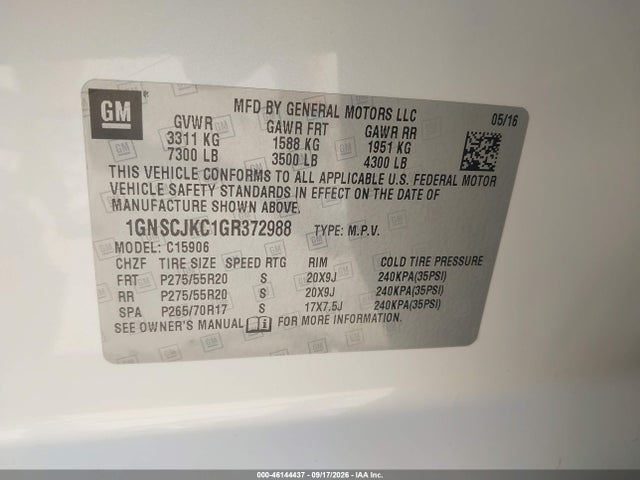 Продаж на аукціоні авто 2016 Chevrolet Suburban Ltz, vin: 1GNSCJKC1GR372988, номер лоту: 46144437