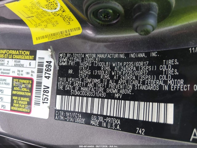 2013 Toyota Sienna Le V6 8 Passenger მანქანა იყიდება აუქციონზე, vin: 5TDKK3DC8DS310490, აუქციონის ნომერი: 46144454