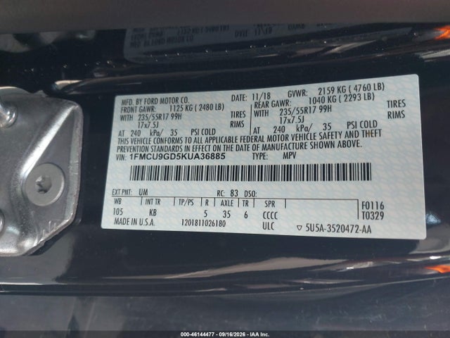 46144477 :رقم المزاد ، 1FMCU9GD5KUA36885 vin ، 2019 Ford Escape Se مزاد بيع