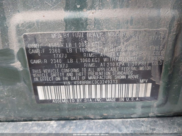 Продаж на аукціоні авто 2012 Subaru Outback 2.5i Limited, vin: 4S4BRBKC3C3249313, номер лоту: 46144496