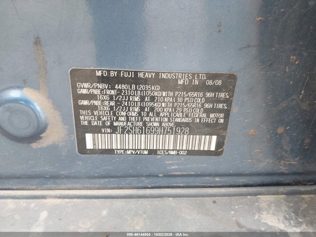 2009 Subaru Forester 2.5x მანქანა იყიდება აუქციონზე, vin: JF2SH61699H751928, აუქციონის ნომერი: 46144504