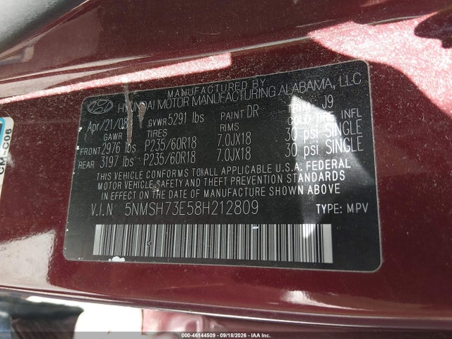Aukcja sprzedaży 2008 Hyundai Santa Fe Limited/se, vin: 5NMSH73E58H212809, numer aukcji: 46144509