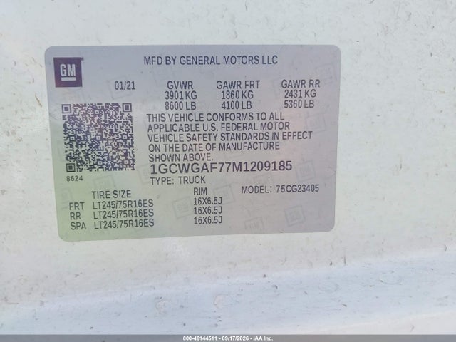 Продажа на аукционе авто 2021 Chevrolet Express Cargo Rwd 2500 Regular Wheelbase Wt, vin: 1GCWGAF77M1209185, номер лота: 46144511