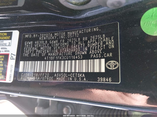 46144528 :رقم المزاد ، 4T1BF1FK3CU116453 vin ، 2012 Toyota Camry Se مزاد بيع
