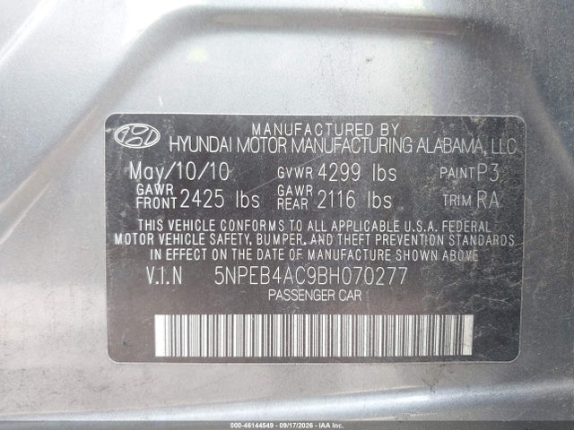 2011 Hyundai Sonata Gls მანქანა იყიდება აუქციონზე, vin: 5NPEB4AC9BH070277, აუქციონის ნომერი: 46144549