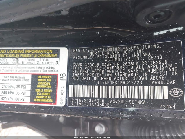 46144557 :رقم المزاد ، 4T4BF1FK1DR312723 vin ، 2013 Toyota Camry Le مزاد بيع