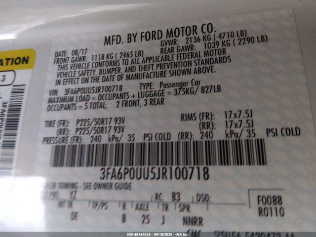 Aukcja sprzedaży 2018 Ford Fusion Hybrid S, vin: 3FA6P0UU5JR100718, numer aukcji: 46144559