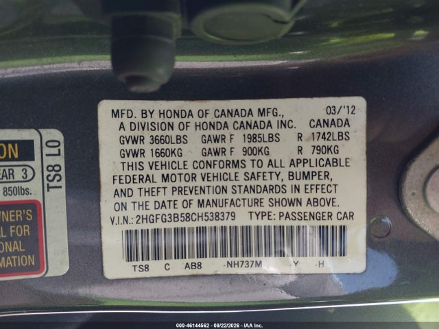 Продажа на аукционе авто 2012 Honda Civic Lx, vin: 2HGFG3B58CH538379, номер лота: 46144562