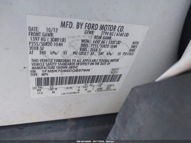 46144565 :رقم المزاد ، 1FM5K7D86DGB57906 vin ، 2013 Ford Explorer Xlt مزاد بيع