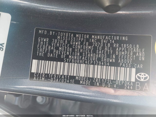 46144593 :رقم المزاد ، 5YFBURHE4EP129454 vin ، 2014 Toyota Corolla L مزاد بيع