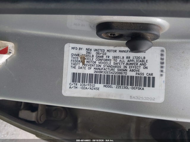 Aukcja sprzedaży 2004 Toyota Corolla S, vin: 1NXBR32E54Z208670, numer aukcji: 46144603