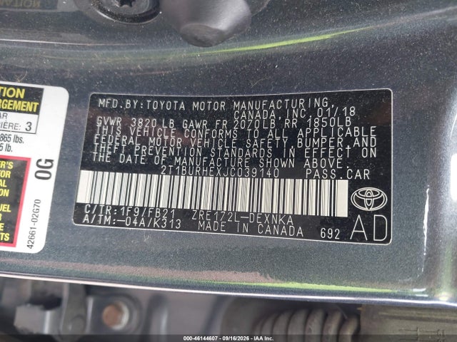 Продаж на аукціоні авто 2018 Toyota Corolla Le, vin: 2T1BURHEXJC039140, номер лоту: 46144607