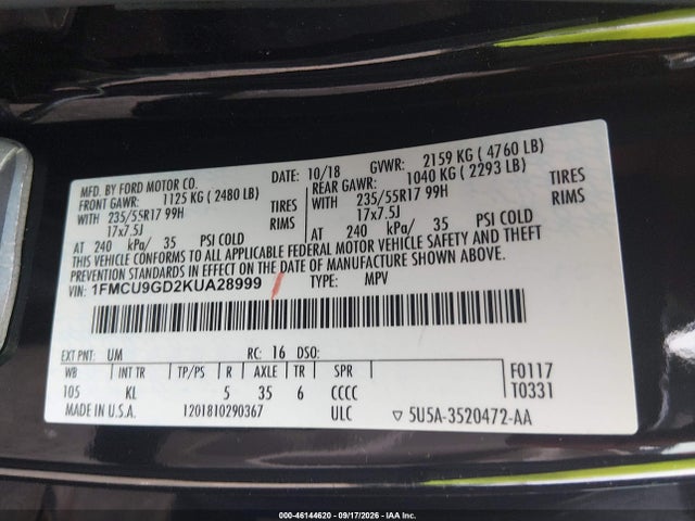 2019 Ford Escape Se მანქანა იყიდება აუქციონზე, vin: 1FMCU9GD2KUA28999, აუქციონის ნომერი: 46144620