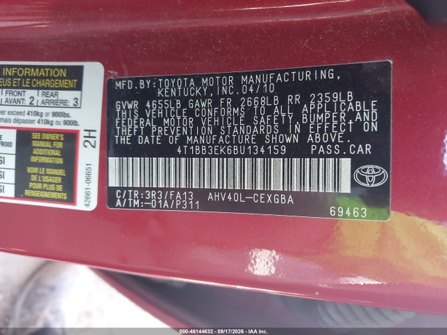 Продажа на аукционе авто 2011 Toyota Camry Hybrid, vin: 4T1BB3EK6BU134159, номер лота: 46144632