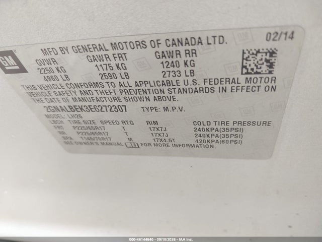 Продаж на аукціоні авто 2014 Chevrolet Equinox 1lt, vin: 2GNALBEK3E6272307, номер лоту: 46144640