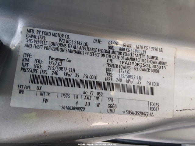 46144644 :رقم المزاد ، 1FADP3K25GL303013 vin ، 2016 Ford Focus Se مزاد بيع