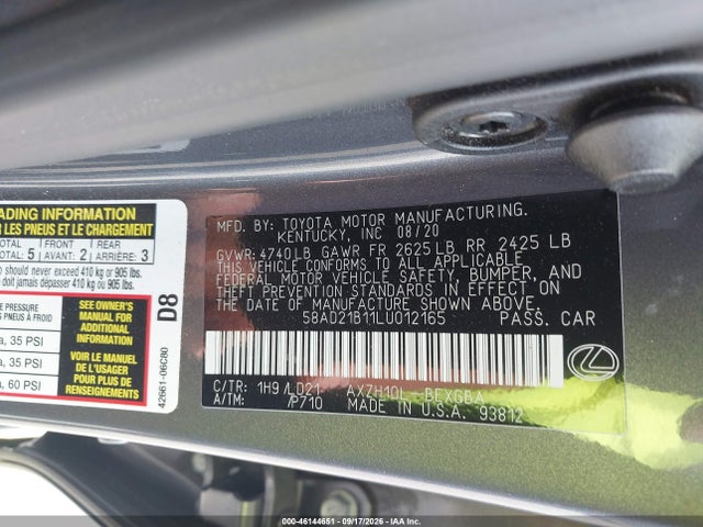 2020 Lexus Es 300h მანქანა იყიდება აუქციონზე, vin: 58AD21B11LU012165, აუქციონის ნომერი: 46144651