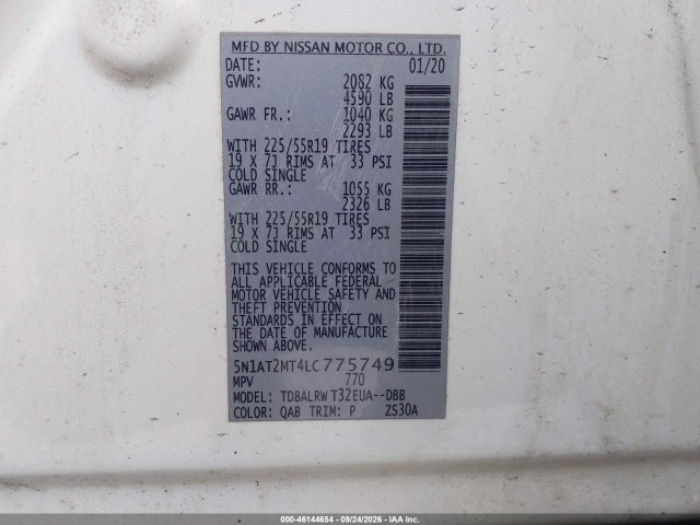 2020 Nissan Rogue Sl Fwd მანქანა იყიდება აუქციონზე, vin: 5N1AT2MT4LC775749, აუქციონის ნომერი: 46144654