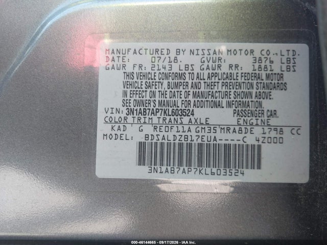 Продажа на аукционе авто 2019 Nissan Sentra Sv, vin: 3N1AB7AP7KL603524, номер лота: 46144665