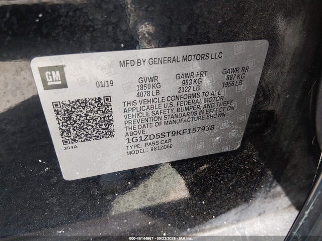 Aukcja sprzedaży 2019 Chevrolet Malibu Lt, vin: 1G1ZD5ST9KF157938, numer aukcji: 46144667