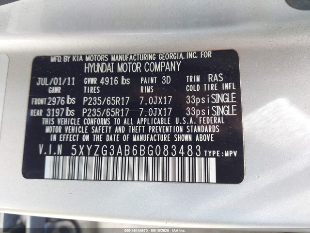 Продажа на аукционе авто 2011 Hyundai Santa Fe Gls, vin: 5XYZG3AB6BG083483, номер лота: 46144670