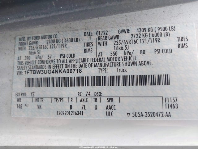 Продажа на аукционе авто 2022 Ford Transit-350 Cargo Van, vin: 1FTBW3UG4NKA06718, номер лота: 46144679
