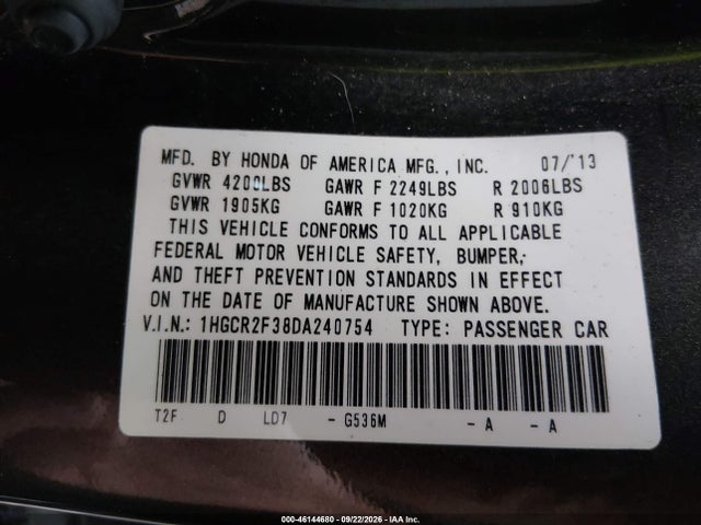 Продаж на аукціоні авто 2013 Honda Accord Lx, vin: 1HGCR2F38DA240754, номер лоту: 46144680