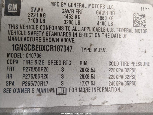 Продаж на аукціоні авто 2012 Chevrolet Tahoe Lt, vin: 1GNSCBE0XCR187047, номер лоту: 46144686
