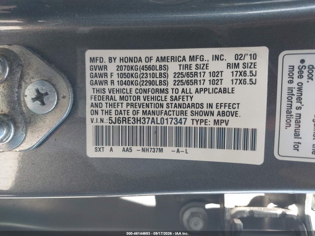 46144693 :رقم المزاد ، 5J6RE3H37AL017347 vin ، 2010 Honda Cr-v Lx مزاد بيع