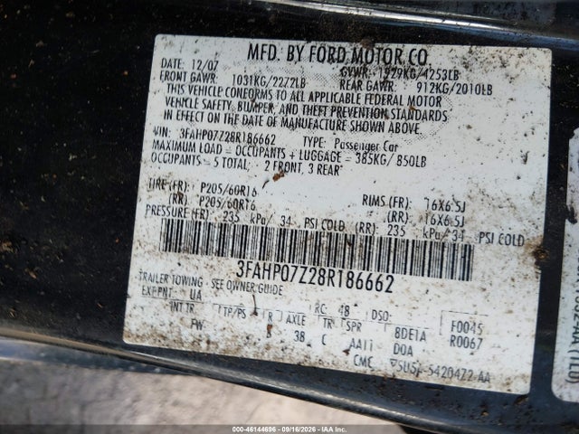 Продажа на аукционе авто 2008 Ford Fusion Se, vin: 3FAHP07Z28R186662, номер лота: 46144696
