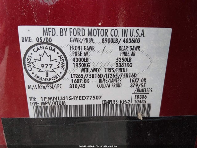 Продаж на аукціоні авто 2000 Ford Excursion Xlt, vin: 1FMNU41S4YED77507, номер лоту: 46144704