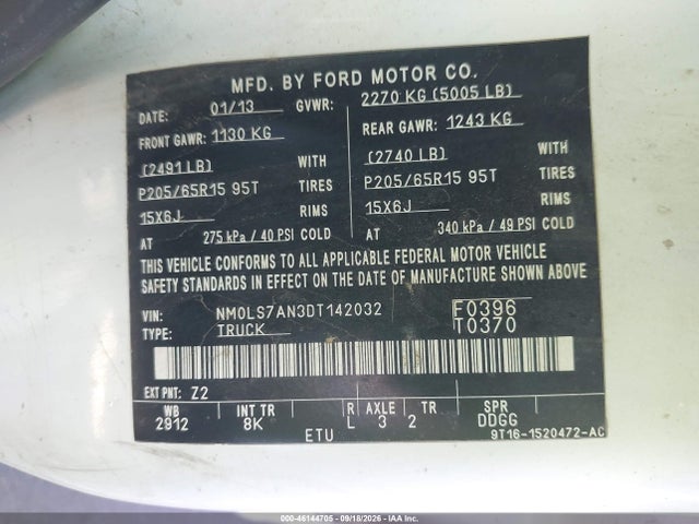 46144705 :رقم المزاد ، NM0LS7AN3DT142032 vin ، 2013 Ford Transit Connect Xl مزاد بيع
