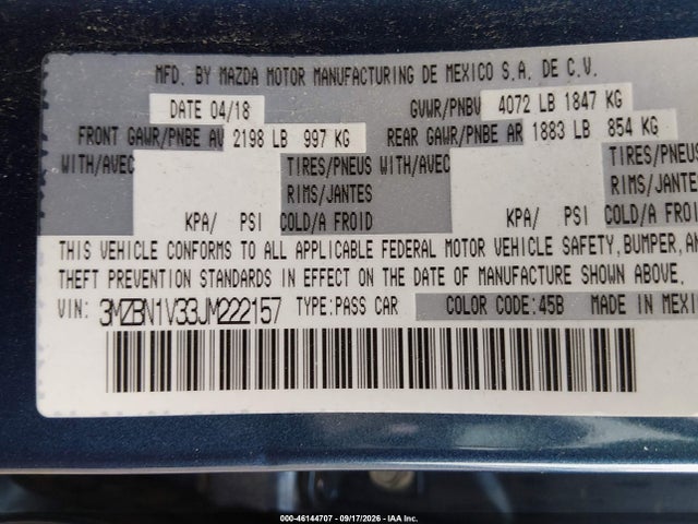 2018 Mazda Mazda3 Touring მანქანა იყიდება აუქციონზე, vin: 3MZBN1V33JM222157, აუქციონის ნომერი: 46144707