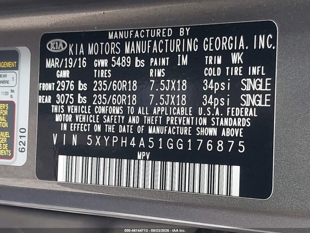 2016 Kia Sorento 3.3l Ex მანქანა იყიდება აუქციონზე, vin: 5XYPH4A51GG176875, აუქციონის ნომერი: 46144713