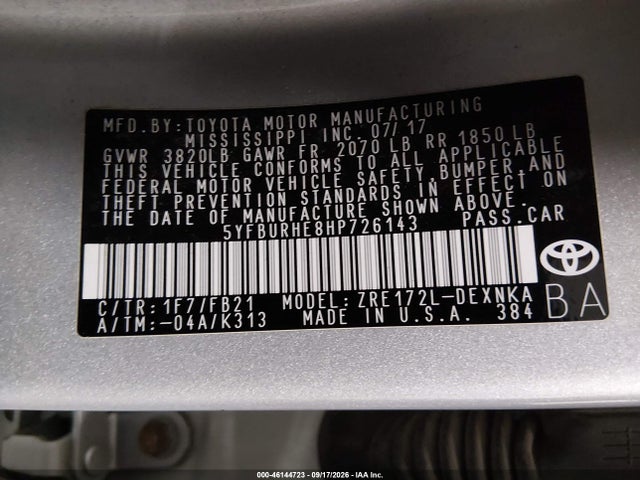 Aukcja sprzedaży 2017 Toyota Corolla Le, vin: 5YFBURHE8HP726143, numer aukcji: 46144723