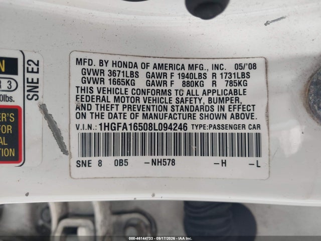 2008 Honda Civic Lx მანქანა იყიდება აუქციონზე, vin: 1HGFA16508L094246, აუქციონის ნომერი: 46144733