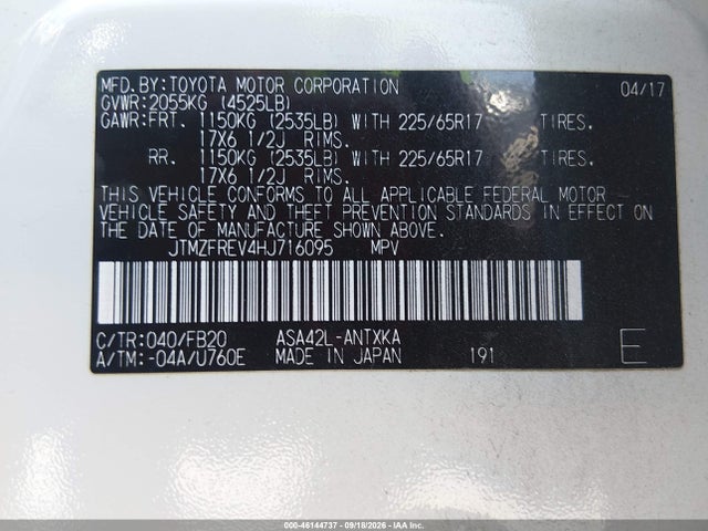 46144737 :رقم المزاد ، JTMZFREV4HJ716095 vin ، 2017 Toyota Rav4 Le مزاد بيع