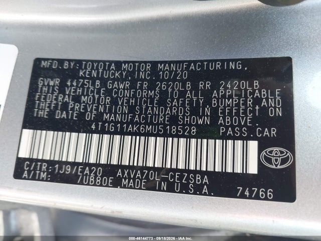 Продаж на аукціоні авто 2021 Toyota Camry Se, vin: 4T1G11AK6MU518528, номер лоту: 46144773