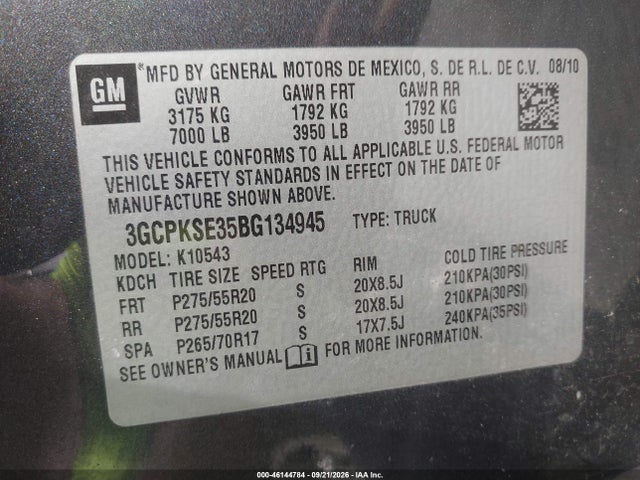 Aukcja sprzedaży 2011 Chevrolet Silverado 1500 Lt, vin: 3GCPKSE35BG134945, numer aukcji: 46144784