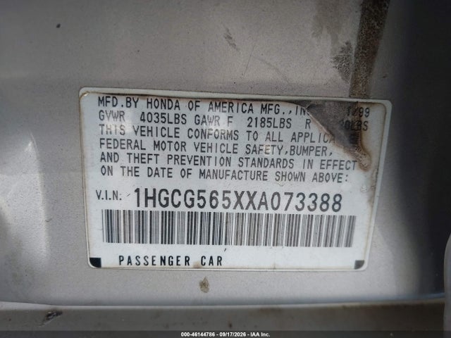 46144786 :رقم المزاد ، 1HGCG565XXA073388 vin ، 1999 Honda Accord Ex مزاد بيع
