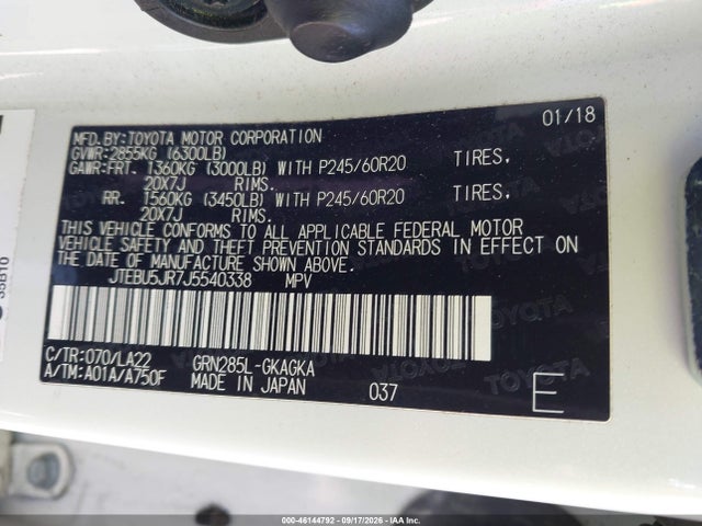 46144792 :رقم المزاد ، JTEBU5JR7J5540338 vin ، 2018 Toyota 4runner Limited مزاد بيع