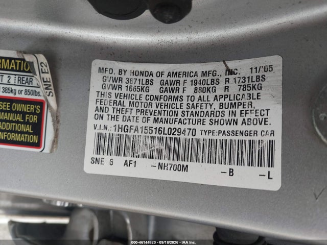 2006 Honda Civic Lx მანქანა იყიდება აუქციონზე, vin: 1HGFA15516L029470, აუქციონის ნომერი: 46144820