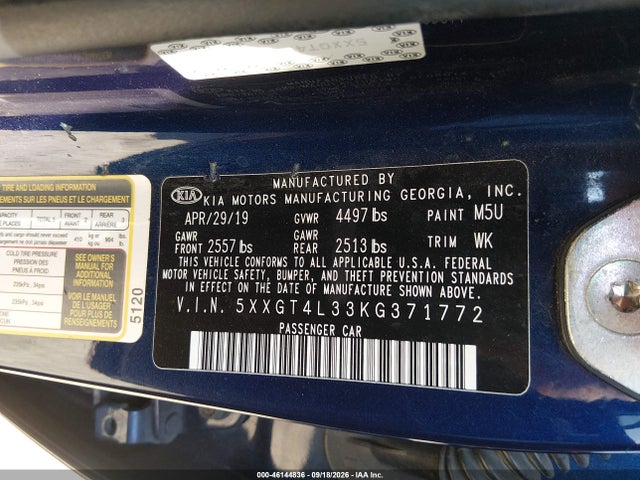 Продажа на аукционе авто 2019 Kia Optima Lx, vin: 5XXGT4L33KG371772, номер лота: 46144836