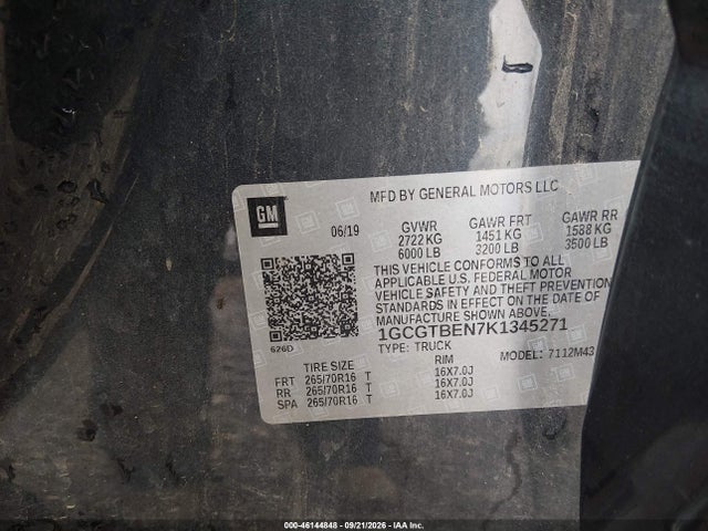 46144848 :رقم المزاد ، 1GCGTBEN7K1345271 vin ، 2019 Chevrolet Colorado Wt مزاد بيع