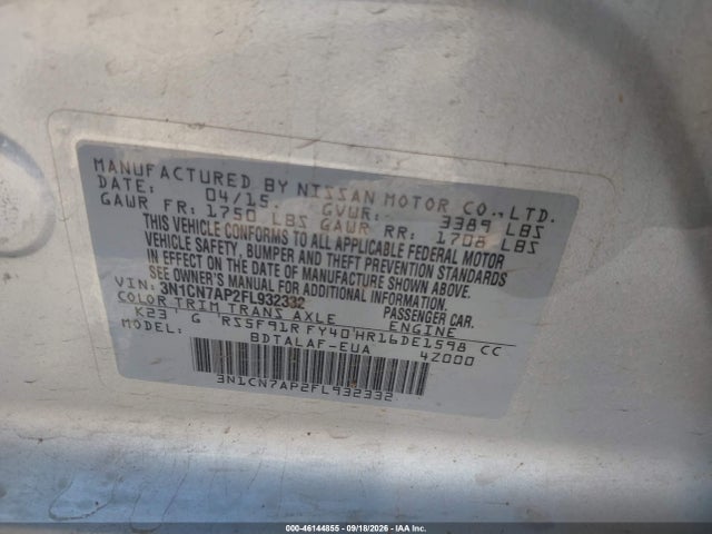 46144855 :رقم المزاد ، 3N1CN7AP2FL932332 vin ، 2015 Nissan Versa 1.6 S مزاد بيع