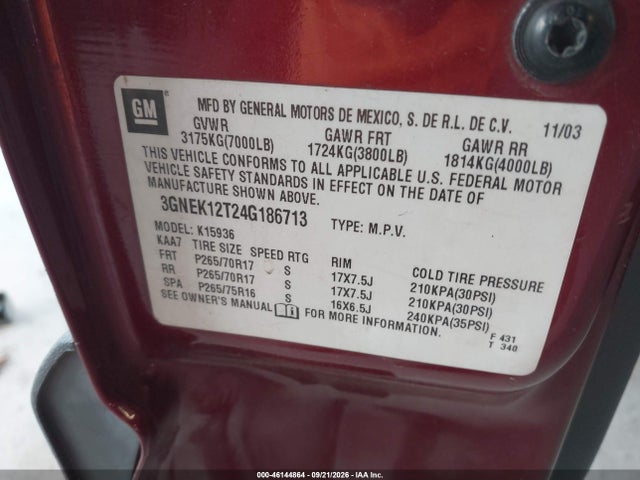 46144864 :رقم المزاد ، 3GNEK12T24G186713 vin ، 2004 Chevrolet Avalanche 1500 مزاد بيع